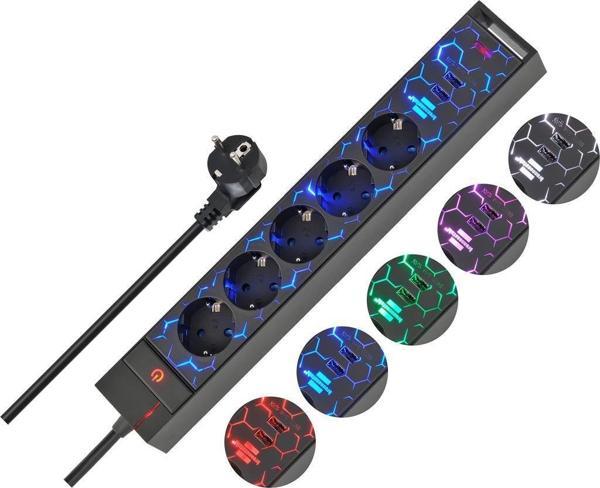 Brennenstuhl Oyuncu Serisi 5 Renk LED Aydınlatmalı ve Renk Değiştirme Modlu 2 USB li 5 Soketli 1.5 Metre Priz - Image 1