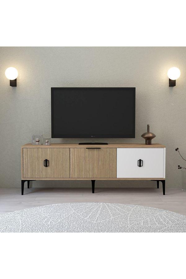 Evmo Home Neva Tv Ünitesi 150 Cm 3 Kapaklı Beyaz - Ahşap - NaturalTv Sehpası - Image 1