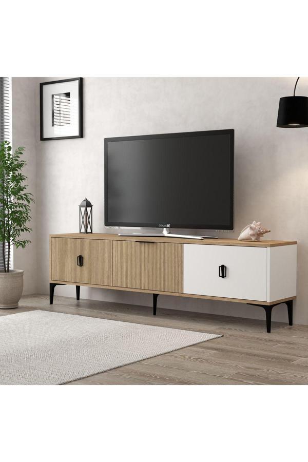 Evmo Home 3802 Neva Tv Ünitesi 180 Cm Kapaklı Ahşap - Beyaz - NaturalTv Sehpası - Image 1