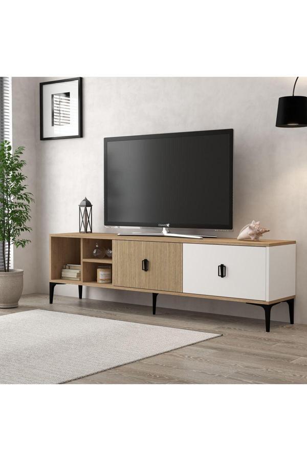 Evmo Home 3806 Era Tv Ünitesi 180 Cm 2 Kapaklı Raflı Natural- Beyaz - Ahşap Tv Sehpası - Image 1