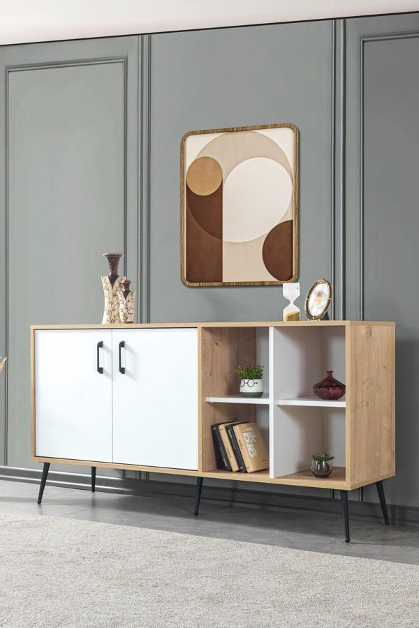 Evmo Home 4611 Şile Metal Ayaklı Metal Kulplu 160 Cm Konsol - Yemek Odası Beyaz - Safir - Image 1
