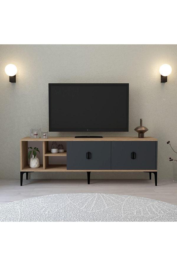 Evmo Home 3505 Era Tv Ünitesi 150 Cm Kapaklı Raflı Antrasit - NaturalTv Sehpası - Image 1