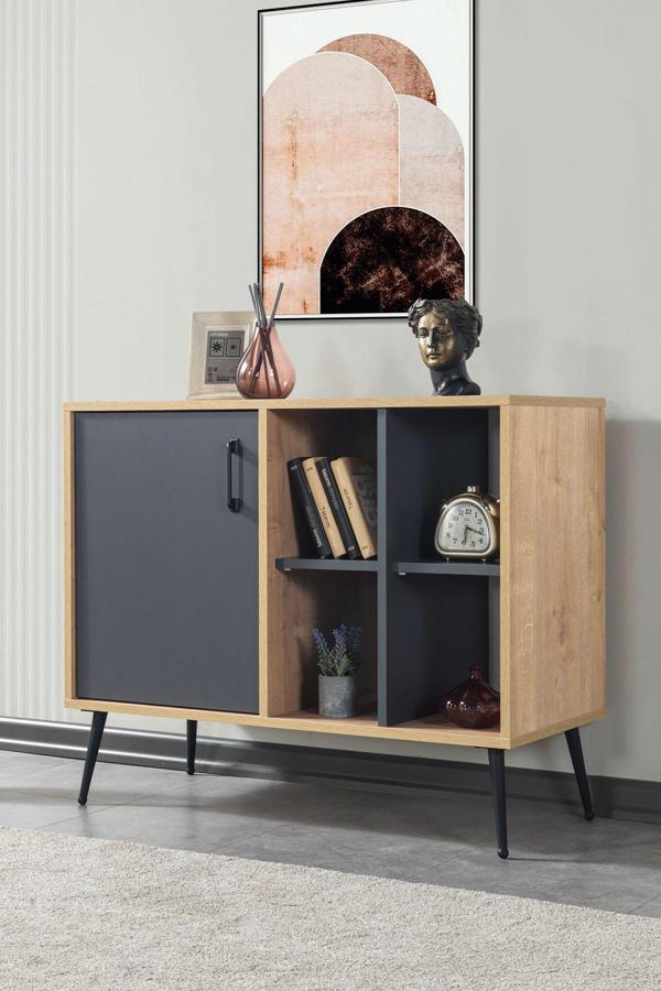 Evmo Home 4109 Şile Metal Ayaklı Metal Kulplu 100 Cm Konsol - Tv Ünitesi - Yemek Odası - Kahve Köşesi Antrasit - Image 1