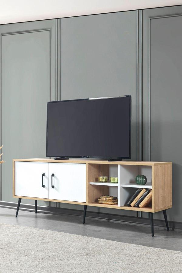 Evmo Home 3611 Şile Metal Ayaklı Metal Kulplu 160 Cm Tv Ünitesi - Beyaz Safir - Image 1