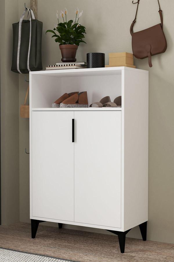 Evmo Home 1201 Ada Ayakkabılık 4 Raflı 2 Kapaklı Çok Amaçlı Dolap Beyaz - Image 1