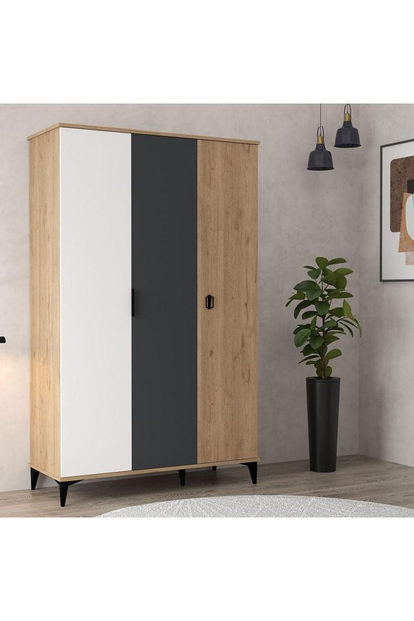 Evmo Home 6302 Neva 3 Kapılı 200 Cm Gizli Çekmeceli Gardırop , Elbise Dolabı , Genç Odası Antrasit Beyaz Sepet - Image 1