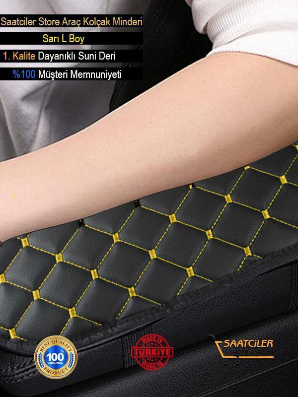 Desingonb Hyundai Excel İle Uyumlu Deri Oto Kolçak Kılıfı Örtüsü Capitone Süngerli Sarı Nakışlı - Image 1