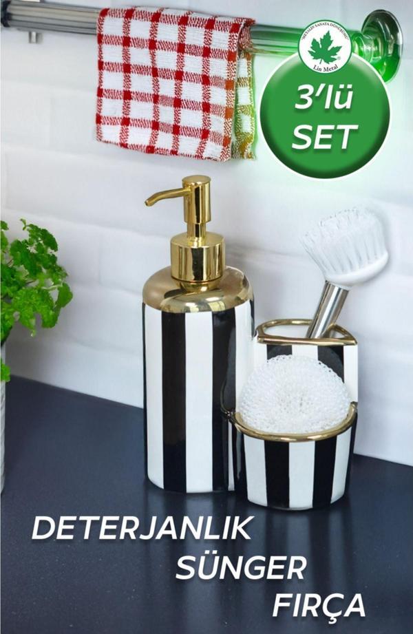 Çizgi Desenli Lüks Porselen Fırçalı Süngerli Mutfak Sıvı Sabunluk Bulaşık Deterjanlık 400ml - Image 1