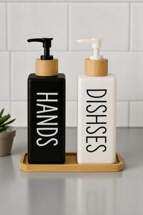 2’li Hands Dishes Soft Dekoratif Mutfak Banyo Sıvı Cam Sabunluk Seti 500ml Bambu Stantlı Set - Image 1