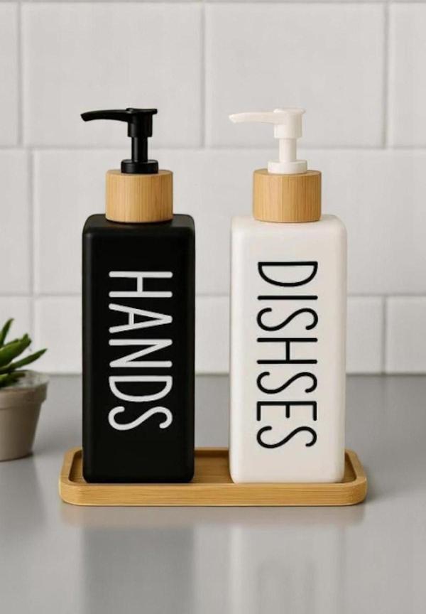 2’li Hands Dishes Soft Dekoratif Mutfak Banyo Sıvı Cam Sabunluk Seti 500ml Bambu Stantlı Set - Image 1