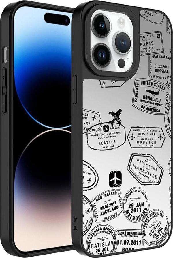 Coverzone Apple Iphone 14 Pro Ile Uyumlu Aynalı Seyahat Desenli Kamera Korumalı Parlak Z- Mirror Kapak - Image 1