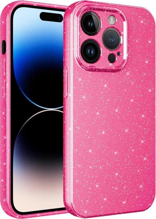 Coverzone Apple Iphone 14 Pro Ile Uyumlu Kılıf Kamera Korumalı Simli Lüks Koton Kapak Pembe Koyu - Image 1
