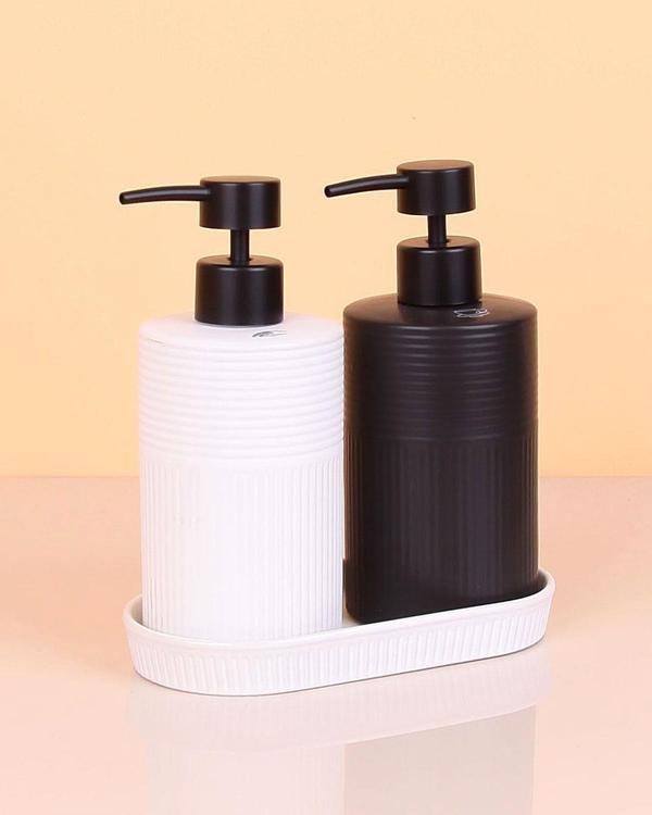 2 li Stonware Seramik Sıvı Sabunluk 400ml + 400ml Tepsili - Image 1