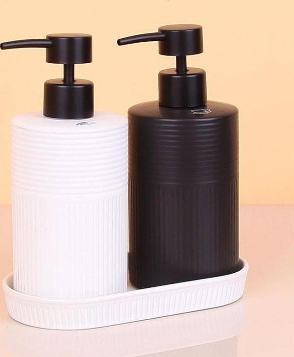 2 li Stonware Seramik Sıvı Sabunluk 400ml + 400ml Tepsili - Image 1