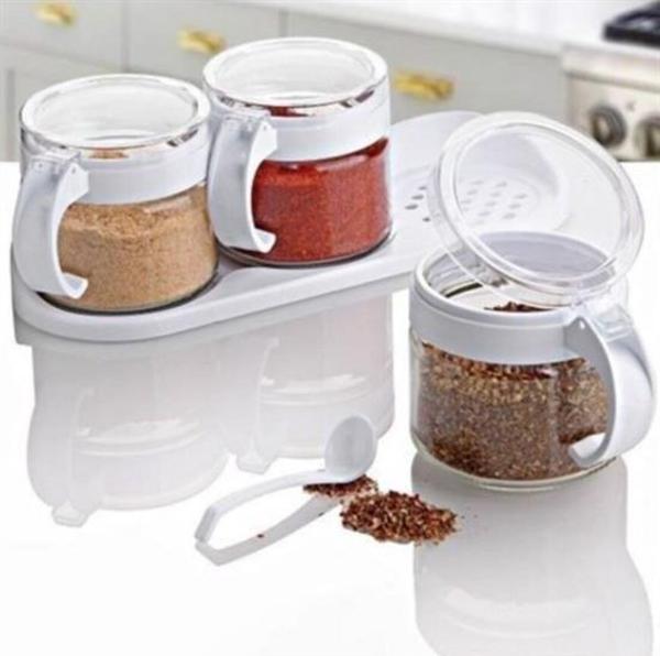 BUFFER® Beyaz 3lü Standlı Kapaklı Kaşıklı Cam Hava Sızdırmaz Baharatlık Takımı KC-386 - Image 1