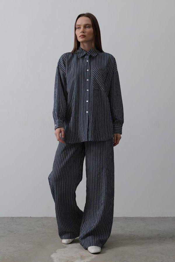 Çizgili Cep Detaylı Oversize Takım - Lacivert - Image 1