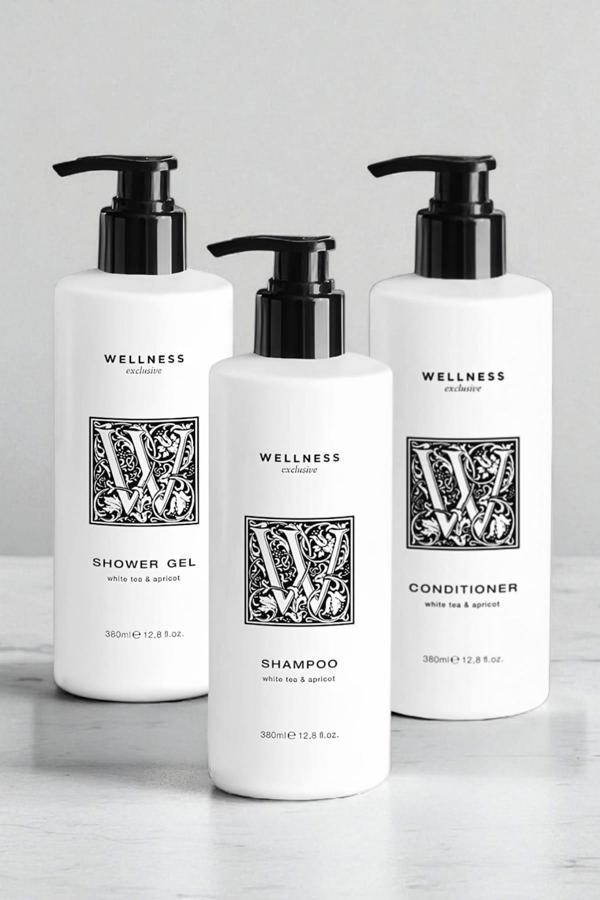 Wellness Exclusive White Tea & Apricot Shampoo 380 ml + Conditioner 380 ml + Shower Gel 380 ml - Image 1