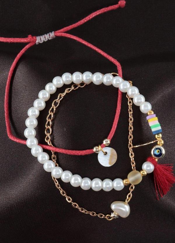 3lü nazar boncuklu incili püsküllü asansörlü lastikli kırmızı ip bileklik. Kadın ip bileklik halhal - Image 1