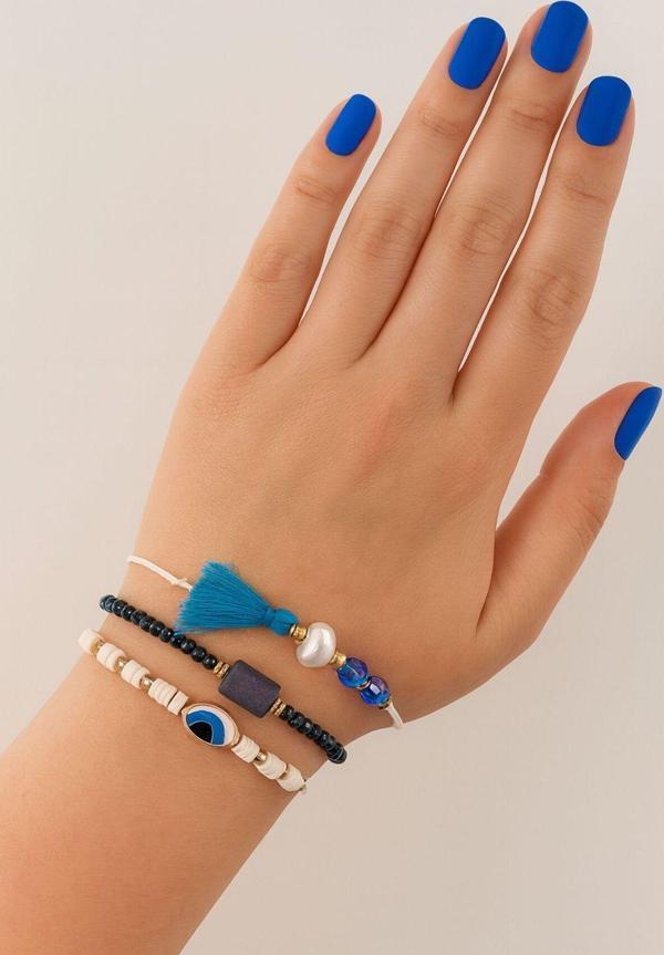 3lü püsküllü incili nazar boncuklu asansörlü bileklik. Lastikli boncuklu bileklik. Kadın ip bileklik - Image 1