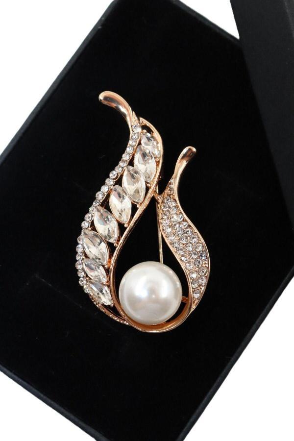 Gold zirkon taşlı incili lale broş. Yaka iğnesi lale broş, incili lale broş. Kadın broş. Lale broş. - Image 1