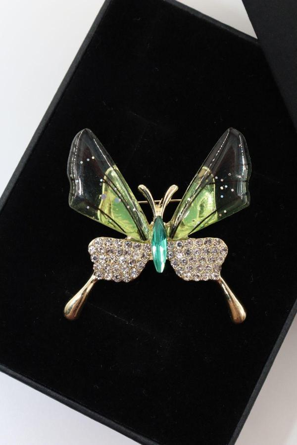 Gold zirkon taşlı kelebek broş. Yaka iğnesi kelebek broş. Taşlı broş. Kadın broş. Kelebek broş. - Image 1