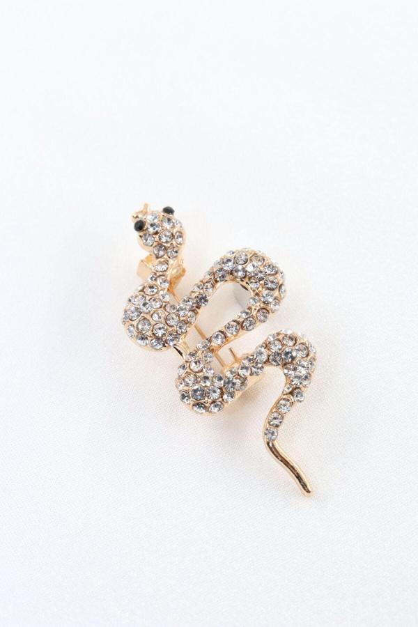 Gold zirkon taşlı yılan broş. Yaka iğnesi broş Taşlı tasarım broş. Unisex broş. Broş. Yılan broş. - Image 1
