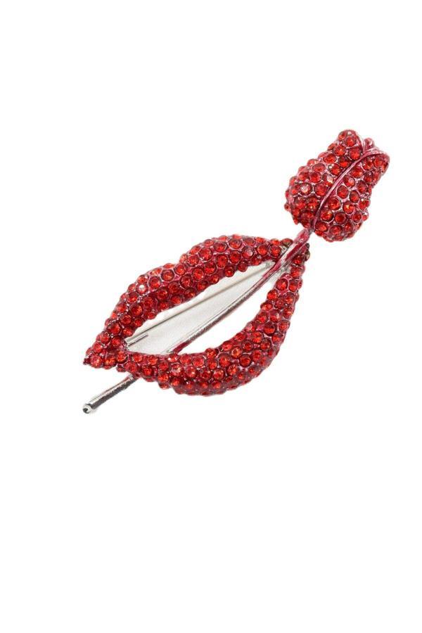 Red rose lips broş. Taşlı tasarım broş. Yaka iğnesi broş. Kadın broş. Broş. Dudak broş. Gül broş. - Image 1