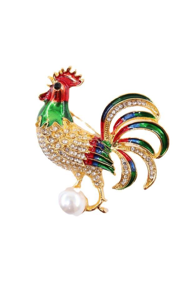 Horoz broş. Taşlı tasarım incili horoz broş. Yaka iğnesi broş. Kadın broş. Broş. Erkek broş. Unisex - Image 1