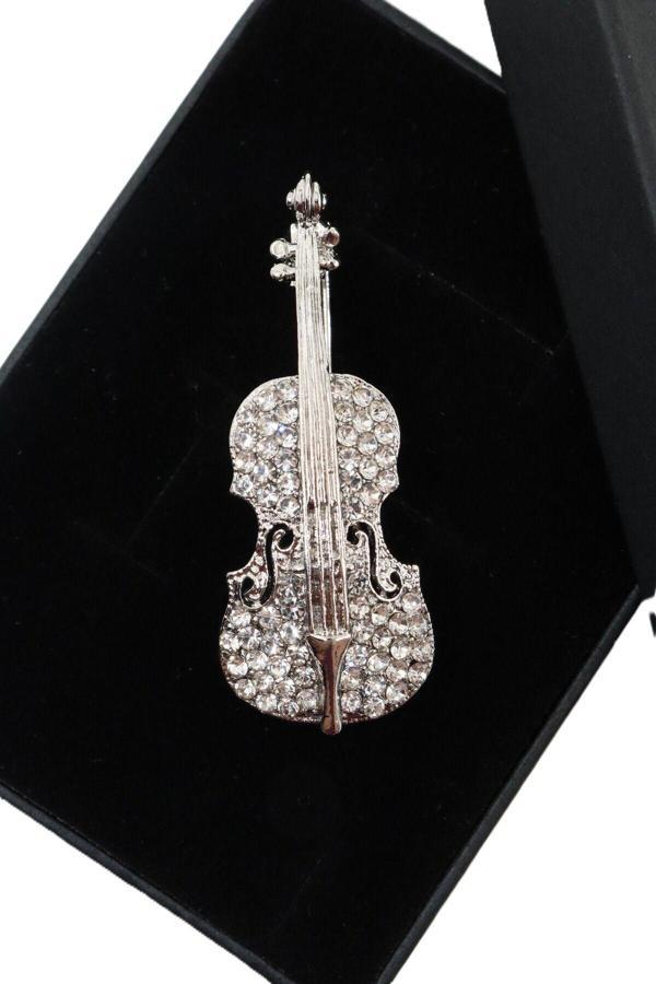 Silver zirkon taşlı keman broş. Yaka iğnesi keman broş. Kadın broş, erkek broş. Keman broş. - Image 1