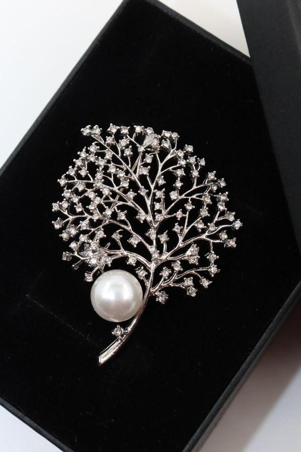 İncili zirkon taşlı hayat ağacı broş. Yaka iğnesi hayat ağacı broş, Kadın broş. Hayat ağacı broş. - Image 1