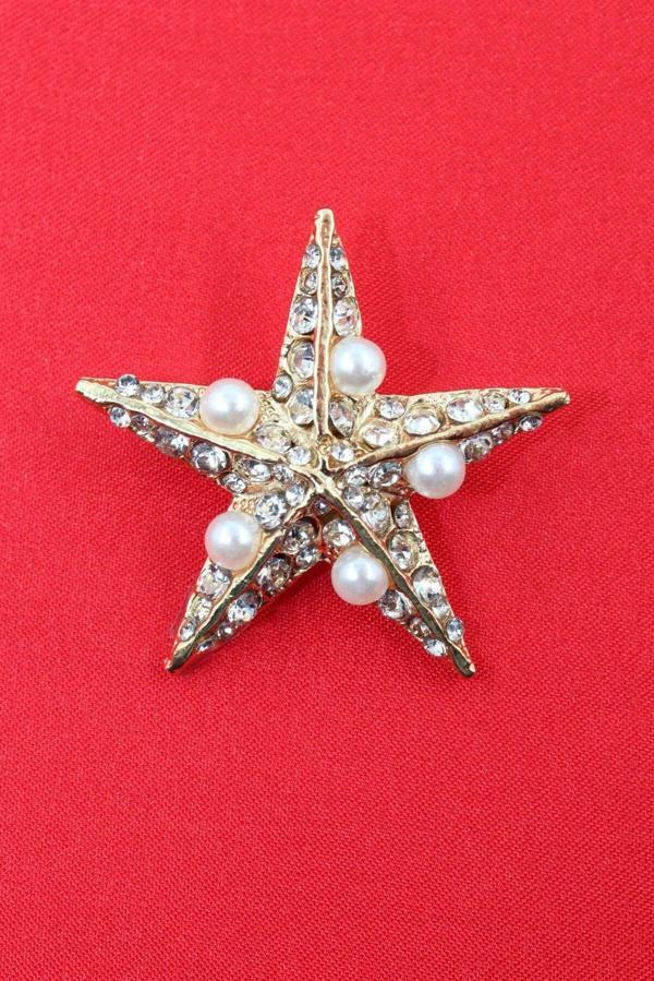 Deniz yıldızı broş. Taşlı tasarım incili deniz yıldızı broş. Yaka iğnesi broş. Kadın broş. Broş. - Image 1