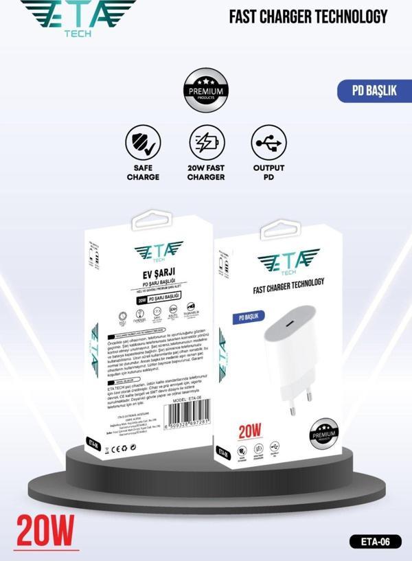 Eta Tech 20 Watt Typc-E Şarj Adaptörü Apple İphone Samsung Uyumlu Yeni Nesil Usb-C - Image 1