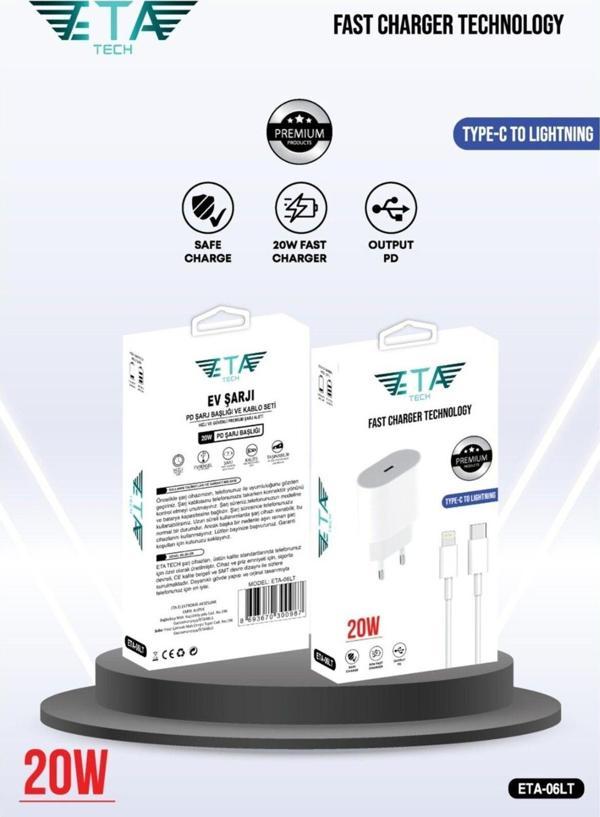 Eta Tech İphone Adaptör 20W Tüm Serilerle Uyumlu Hızlı Şarj Adaptör 8 11 12 13 14 Pro Max Adaptör Seti - Image 1