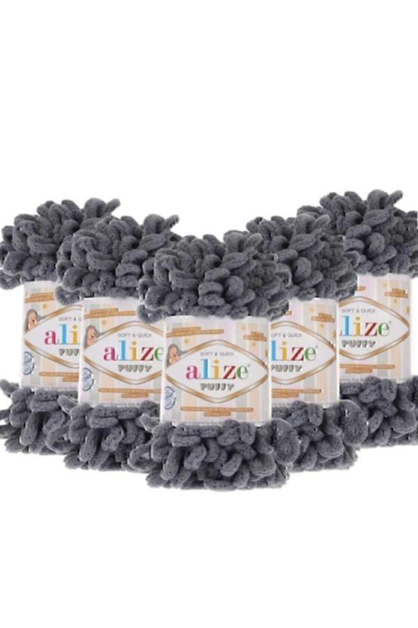 Alize Puffy El Örgü Ipi 5 Adet Koyu Gri El Örgü, Panduf Battaniye Ipi Atkı Hırka Paspas Ipliği - Image 1