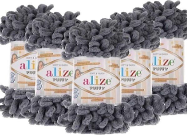 Alize Puffy El Örgü Ipi 5 Adet Koyu Gri El Örgü, Panduf Battaniye Ipi Atkı Hırka Paspas Ipliği - Image 1