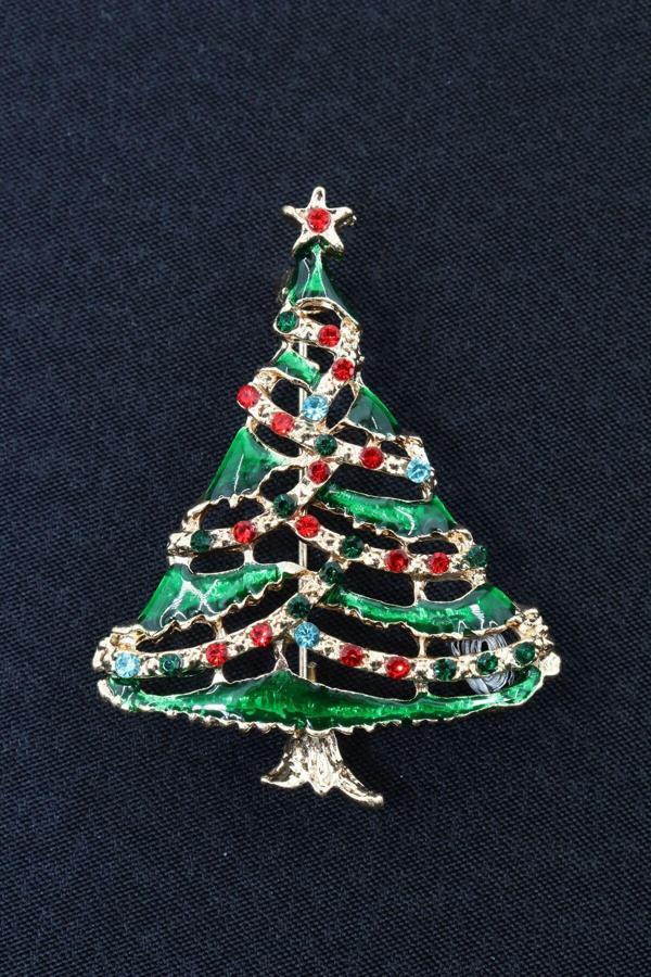 Yılbaşı ağacı broş. Taşlı noel ağacı broş. Yaka iğnesi broş. Çam ağacı broş. Kadın broş. Broş. - Image 1