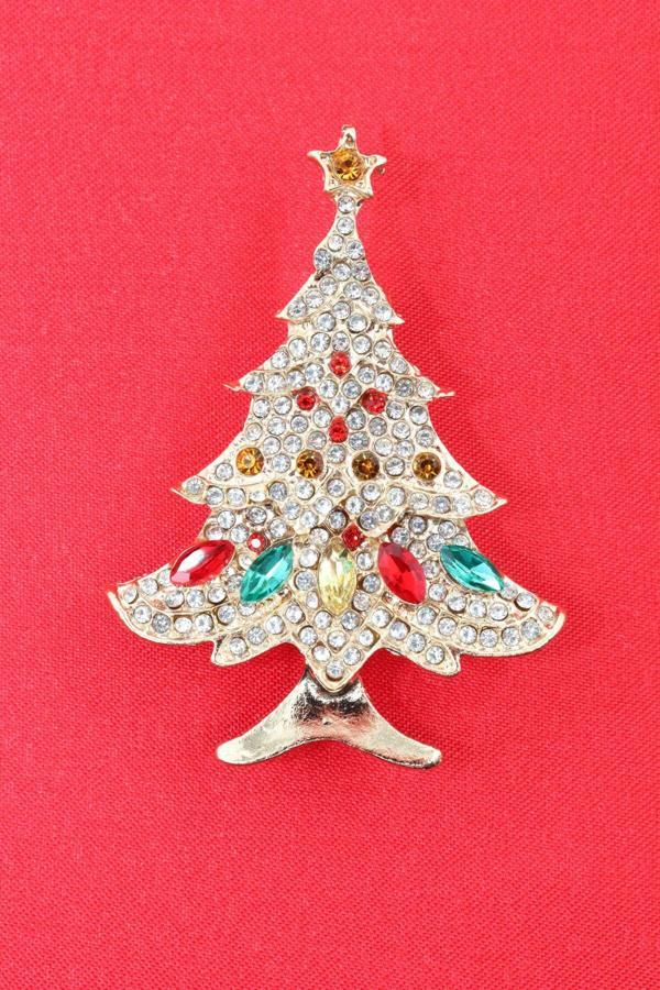 Gold noel ağacı broş. Taşlı yılbaşı ağacı broş. Yaka iğnesi broş. Çam ağacı broş. Kadın broş. Broş. - Image 1