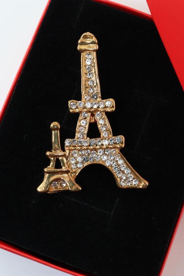 Gold renk eyfel kulesi broş. Taşlı tasarım broş. Yaka iğnesi. Kadın broş. Broş. Eyfel kulesi broş. - Image 1
