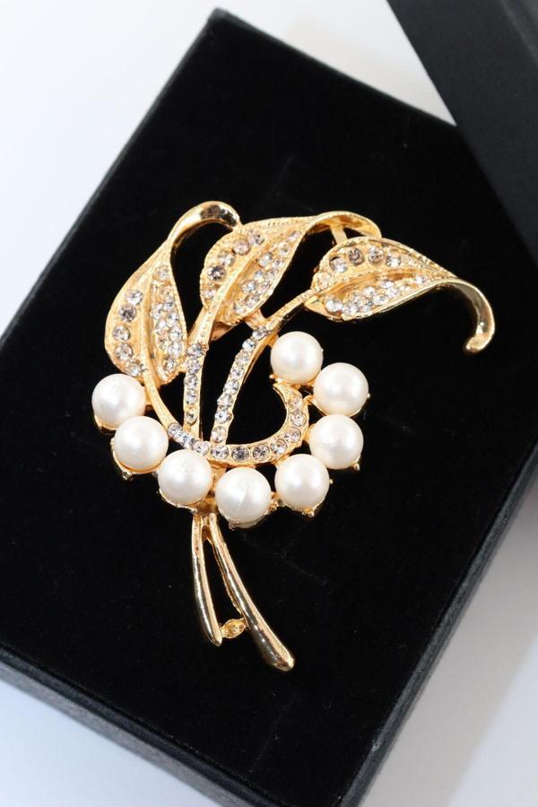 Gold Renk Incili Yaprak Broş. Yaka Iğnesi Broş. Taşlı Tasarım Broş. Kadın Broş. Broş. Yaprak Broş. - Image 1