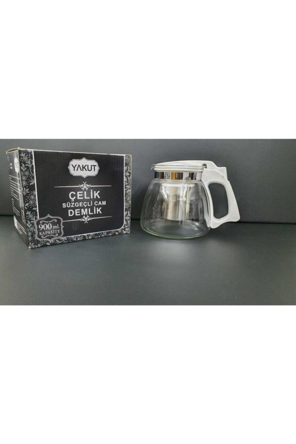 Yakut 900 Ml Çelik Süzgeçli Cam Demlik,Bitki Demliği Beyaz - Image 1