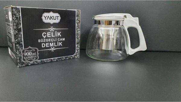 Yakut 900 Ml Çelik Süzgeçli Cam Demlik,Bitki Demliği Beyaz - Image 1
