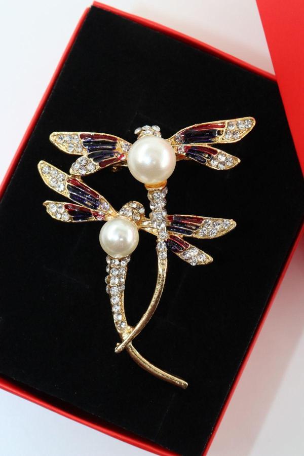 Gold renk incili yusufçuk broş. Taşlı broş. Yaka iğnesi broş. Kadın broş. Broş. Yusufçuk broş - Image 1