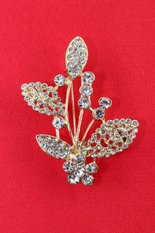 Gold renk kristal taşlı defne yaprağı broş. Tasarım broş. Kadın broş. Broş. Defne yaprağı broş. - Image 1