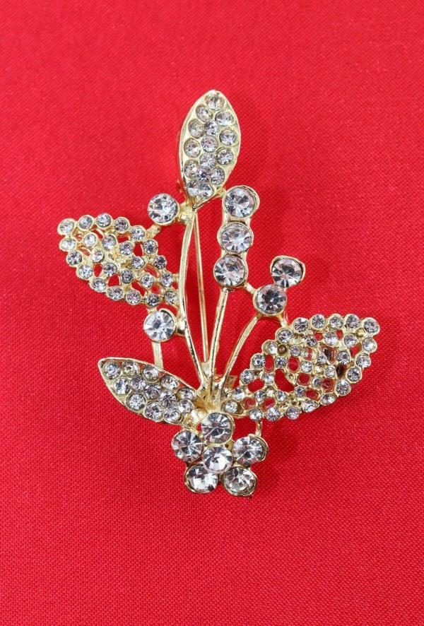Gold renk kristal taşlı defne yaprağı broş. Tasarım broş. Kadın broş. Broş. Defne yaprağı broş. - Image 1