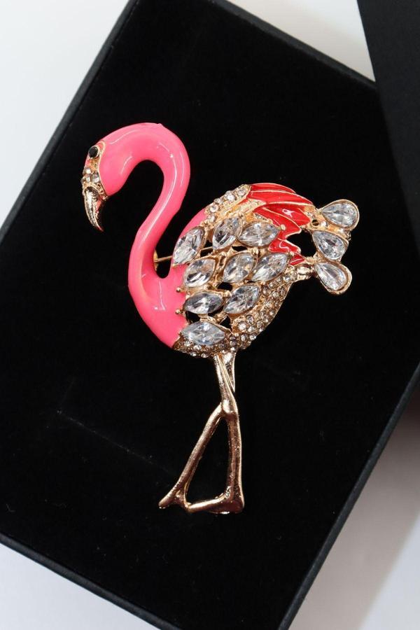 Zirkon taşlı flamingo broş. Yaka iğnesi flamingo broş. Taşlı broş. Kadın broş. Flamingo broş. - Image 1
