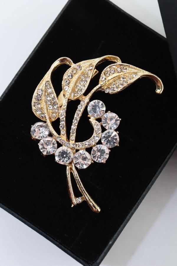Gold renk taşlı lale yaprağı broş. Yaka iğnesi broş. Taşlı broş. Kadın broş. Broş. Yaprak broş. - Image 1