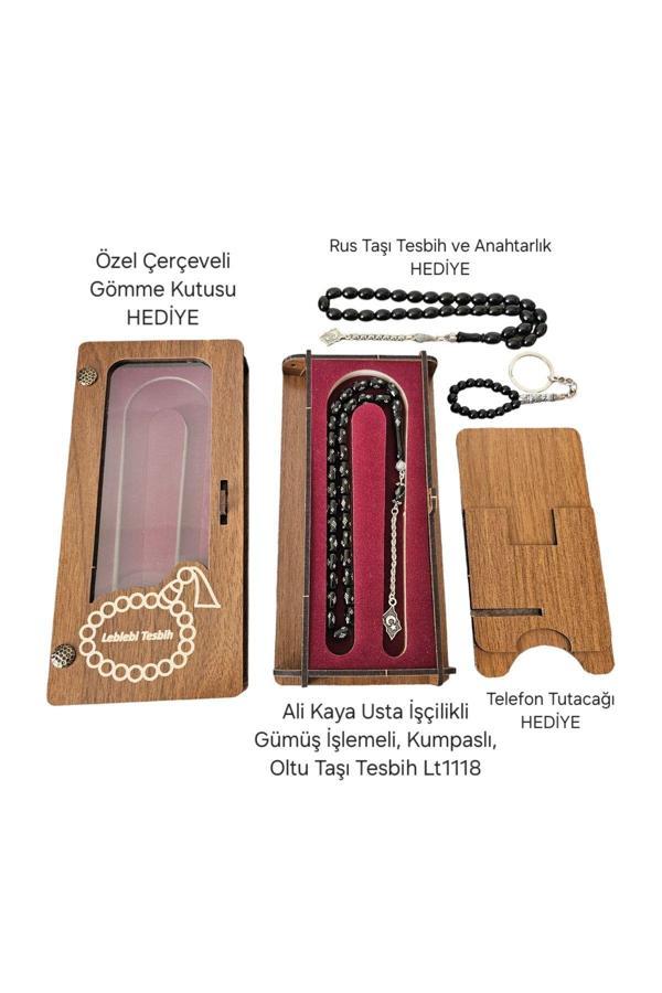 Leblebi Tesbih Ali Kaya Usta Gümüş İşlemeli Oltu Taşı Tesbih Lt1118 - Image 1