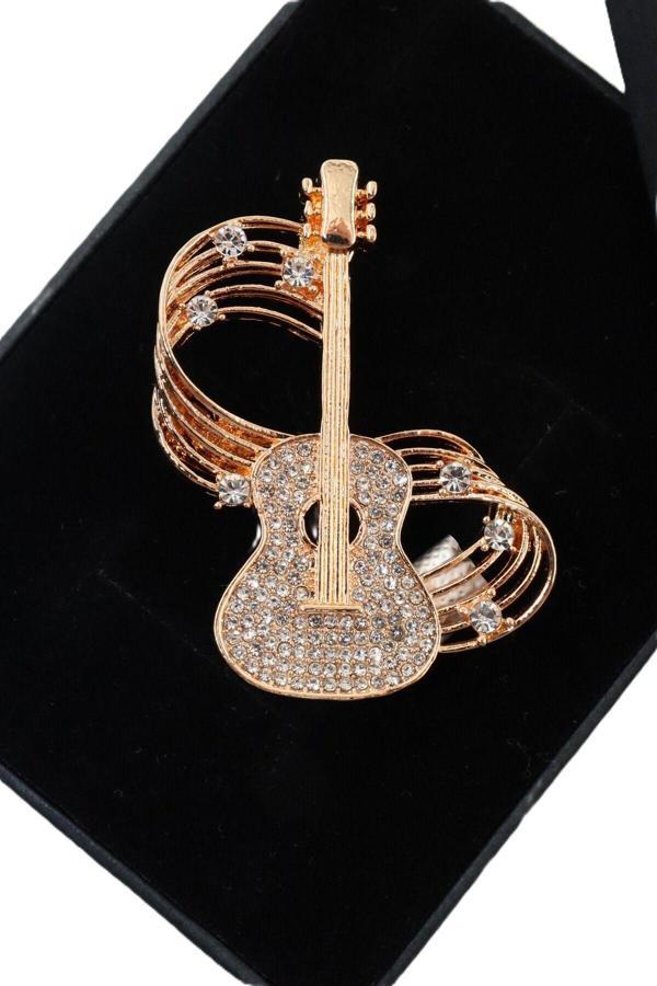 Zirkon taşlı melodili gitar broş. Yaka iğnesi gitar broş. Erkek broş. Kadın broş. Gitar broş. - Image 1