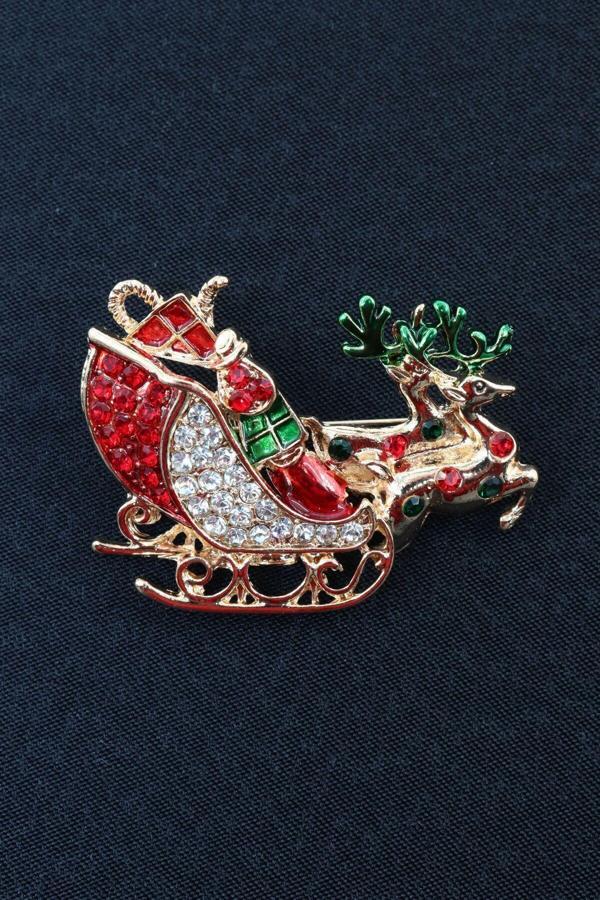 Noel baba kızağı broş. Taşlı geyikli noel baba  kızağı broş. Yaka iğnesi broş. Kadın broş. Broş. - Image 1