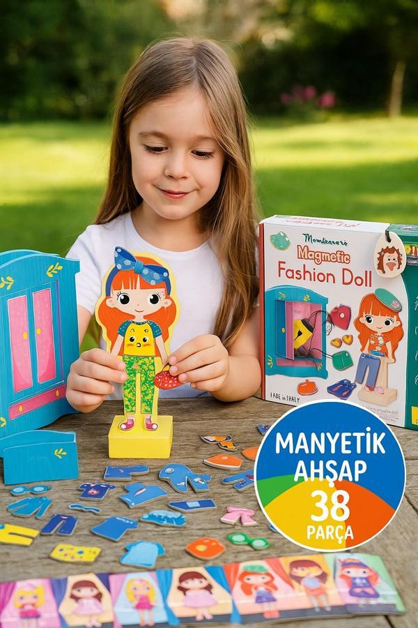 Montessori Manyetik Kız Giydirme Ahşap Moda Bebek Seti – 26 Parça Kıyafet ve 3D Gardırop - Image 1
